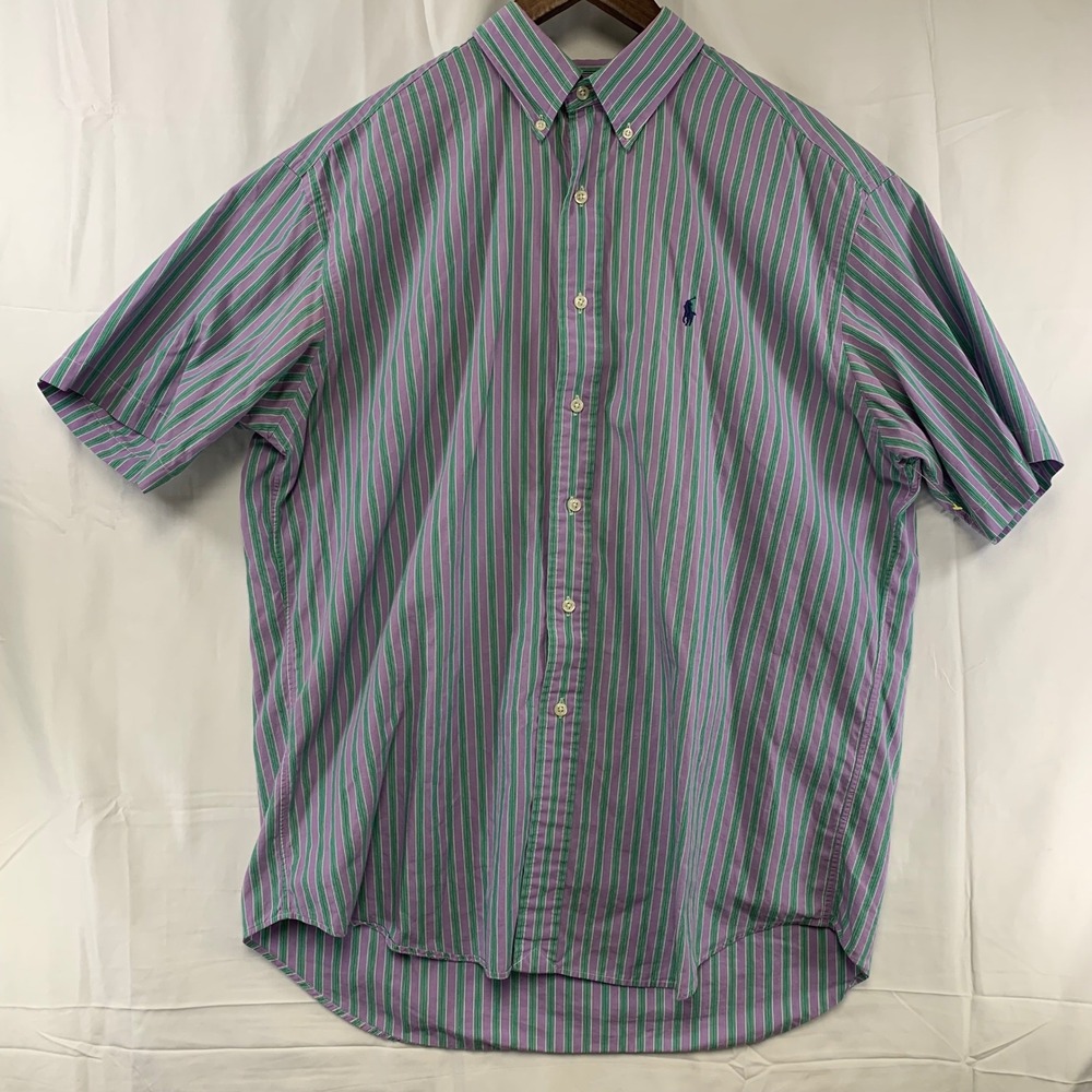 Ralph Lauren Button Down Shirt Mens L Purple Green Striped Blake Short Sleeve